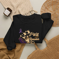 Load image into Gallery viewer, I Will Remember For You Alzheimer's Christian Sweatshirt | Isaiah 49:15 Purple Ribbon Dove Tee