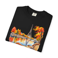 Load image into Gallery viewer, Paris Cafe Autumn T-Shirt — Eiffel Tower, Croissant &amp; Coffee Illustration