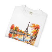 Load image into Gallery viewer, Paris Cafe Autumn T-Shirt — Eiffel Tower, Croissant &amp; Coffee Illustration