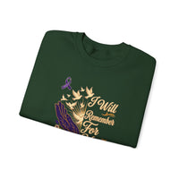 Load image into Gallery viewer, I Will Remember For You Alzheimer's Christian Sweatshirt | Isaiah 49:15 Purple Ribbon Dove Tee