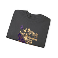Load image into Gallery viewer, I Will Remember For You Alzheimer's Christian Sweatshirt | Isaiah 49:15 Purple Ribbon Dove Tee