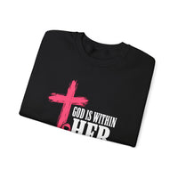 Load image into Gallery viewer, God Is Within Her Sweatshirt – Psalm 46:5 Christian Faith &amp; Breast Cancer Awareness
