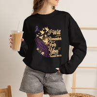 Load image into Gallery viewer, I Will Remember For You Alzheimer's Christian Sweatshirt | Isaiah 49:15 Purple Ribbon Dove Tee