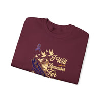 Load image into Gallery viewer, I Will Remember For You Alzheimer's Christian Sweatshirt | Isaiah 49:15 Purple Ribbon Dove Tee