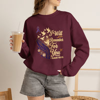 Load image into Gallery viewer, I Will Remember For You Alzheimer's Christian Sweatshirt | Isaiah 49:15 Purple Ribbon Dove Tee