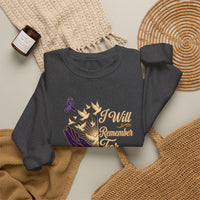 Load image into Gallery viewer, I Will Remember For You Alzheimer's Christian Sweatshirt | Isaiah 49:15 Purple Ribbon Dove Tee