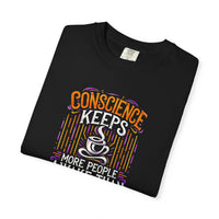 Load image into Gallery viewer, Conscience Keeps More People Awake Than Coffee T-Shirt — Funny Coffee Lover Tee