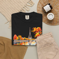 Load image into Gallery viewer, Paris Cafe Autumn T-Shirt — Eiffel Tower, Croissant &amp; Coffee Illustration