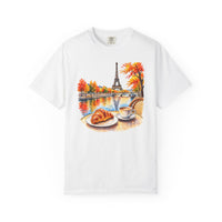 Load image into Gallery viewer, Paris Cafe Autumn T-Shirt — Eiffel Tower, Croissant &amp; Coffee Illustration