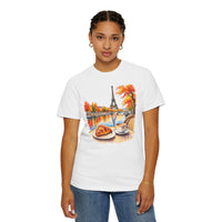 Load image into Gallery viewer, Paris Cafe Autumn T-Shirt — Eiffel Tower, Croissant &amp; Coffee Illustration