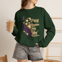 Load image into Gallery viewer, I Will Remember For You Alzheimer's Christian Sweatshirt | Isaiah 49:15 Purple Ribbon Dove Tee