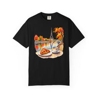 Load image into Gallery viewer, Paris Cafe Autumn T-Shirt — Eiffel Tower, Croissant &amp; Coffee Illustration