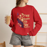 Load image into Gallery viewer, I Will Remember For You Alzheimer's Christian Sweatshirt | Isaiah 49:15 Purple Ribbon Dove Tee
