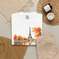 Load image into Gallery viewer, Paris Cafe Autumn T-Shirt — Eiffel Tower, Croissant &amp; Coffee Illustration