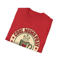 Load image into Gallery viewer, Cool Moms Pray Christian T-Shirt | Coffee &amp; Bible Retro Badge Tee for Moms