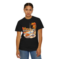 Load image into Gallery viewer, Paris Cafe Autumn T-Shirt — Eiffel Tower, Croissant &amp; Coffee Illustration
