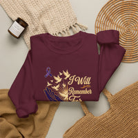 Load image into Gallery viewer, I Will Remember For You Alzheimer's Christian Sweatshirt | Isaiah 49:15 Purple Ribbon Dove Tee
