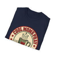 Load image into Gallery viewer, Cool Moms Pray Christian T-Shirt | Coffee &amp; Bible Retro Badge Tee for Moms