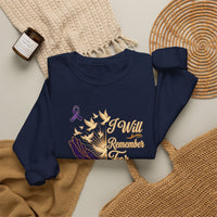 Load image into Gallery viewer, I Will Remember For You Alzheimer's Christian Sweatshirt | Isaiah 49:15 Purple Ribbon Dove Tee